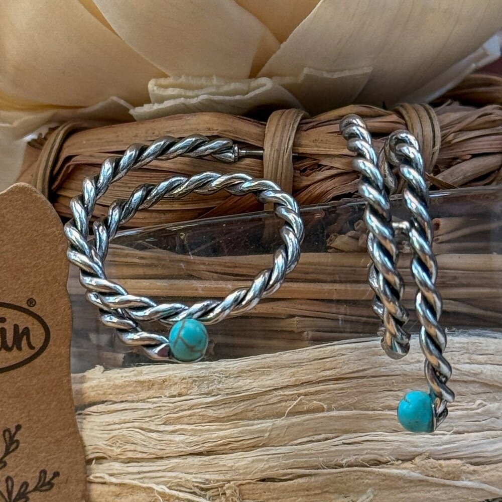 Justin Silver Rope Hoop Earrings - Turquoise Color Stone